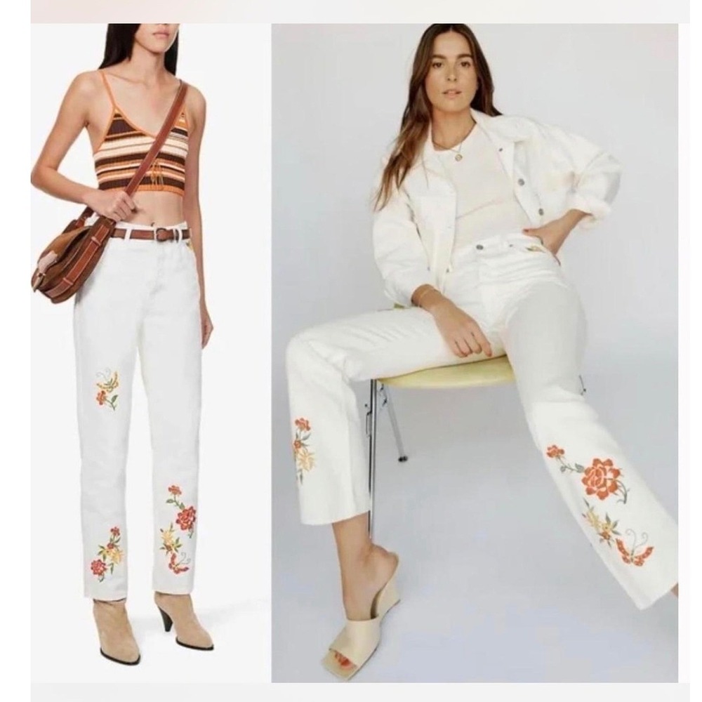 Reformation Jeans Women 28 White Cynthia High Rise Straight Flora Embroidered